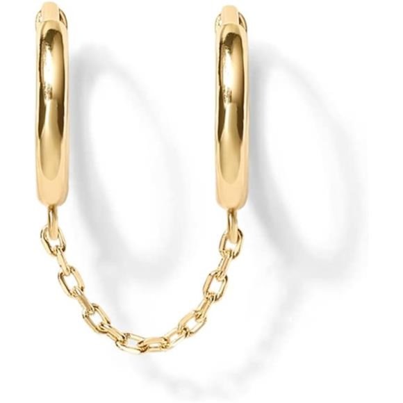 14K Gold Chain Earrings Womens Double Piercing Dangle Chain Huggie Hoop Earrings - Picture 2 of 5